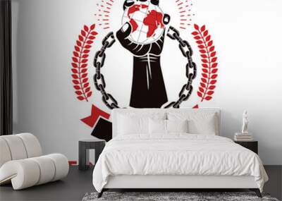 Vector emblem composed using strong muscular raised arm surrounded by iron chain and holding Earth globe. Dictatorship and manipulation theme, totalitarianism as the evil power. Wall mural