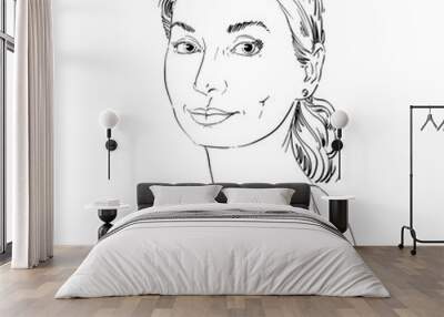 Vector portrait of attractive dreamy woman, illustration of peaceful and calm girl. Person emotional face expression. Wall mural