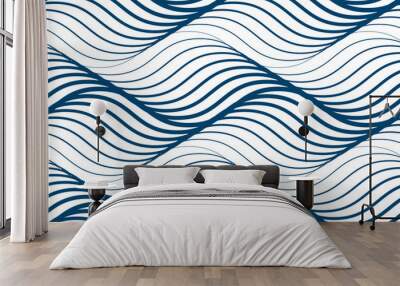 Water waves seamless pattern, vector curve lines abstract repeat tiling background, blue colored rhythmic waves. Wall mural