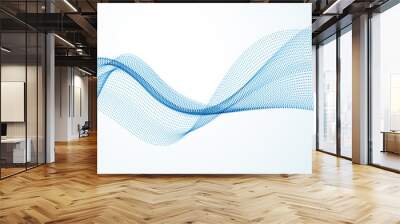 Wave line of flowing particles abstract vector background, smooth curvy shape dots fluid array. 3d shape dots blended mesh, future technology relaxing wallpaper. Wall mural