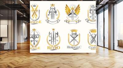 Weapon logos big vector set, vintage heraldic military emblems collection, classic style heraldry design elements, ancient knives spears and axes symbols. Wall mural