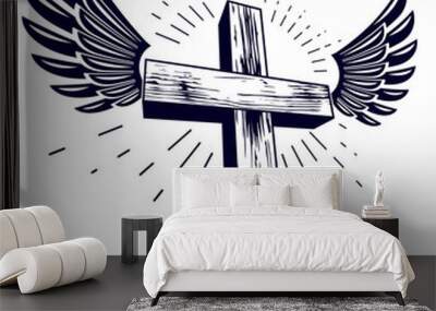 Winged Christian cross vector religion logo or tattoo. Wall mural