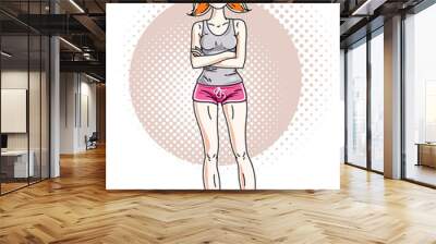 Young beautiful redhead athletic woman posing. Vector illustration of attractive female wearing pink shorts.  Active and healthy lifestyle theme cartoon. Wall mural