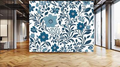 blue floral pattern in white and blue, illustration Wall mural