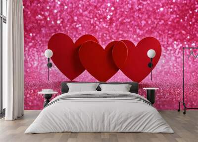 Three Hearts On Pink Glitter In Shiny Background - Valentine's Day Concept Wall mural