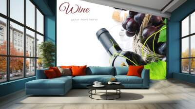 Bottle of red wine with freshly harvested grape Wall mural