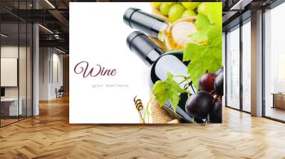 bottles of red and white wine with fresh grape Wall mural