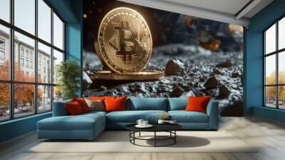 Bitcoin on the lunar surface, Earth and space in the background. Bitcoin dominance in global finance. Crypto to the Moon. Wall mural