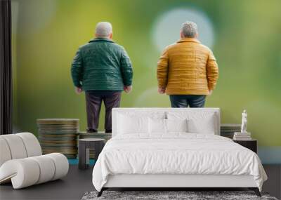 Older men stand near a tower of coins, looking into the future ahead. Investments, pension funds, wealth in old age. Wall mural