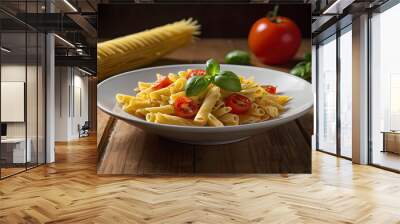 Realistic pasta dish on wood table and sauce and seasoning with beautiful studio light, in concept of tasty delicious traditional italy food style Wall mural