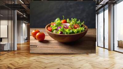 Realistic salad bowl on wood table with beautiful studio light and fresh organic vegetable leaf, onion, tomato ingredient for vegan food in concept of tasty delicious clean and healthy food Wall mural