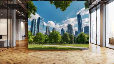 Urban city public garden central park with beautiful lush green tree with skyscrapers modern architecture and sustainable city and clouds blue sky bckground landscape Wall mural