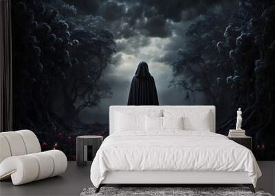 A man or woman in darkness with his back turned and wearing a hood Wall mural