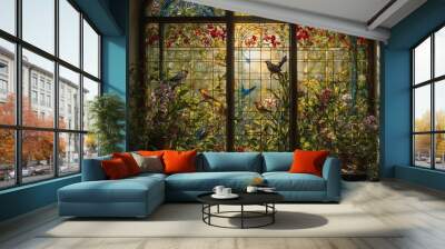 A stained glass window with birds and flowers Wall mural