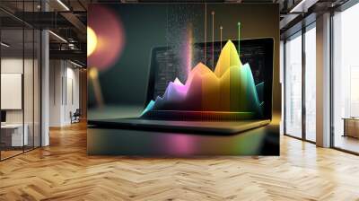  Charts bursting out of a laptop screen. Representing success and growth for business or financial. Networking on the internet for stock market, forex or performance progress achievement. Generated AI Wall mural