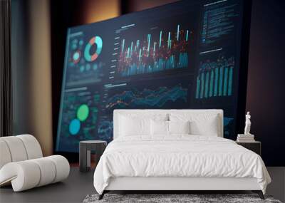 A computer screen displaying multiple financial reports and graphs and pie, representing the idea of data analysis and strategic decision making in business management. Generative AI Wall mural