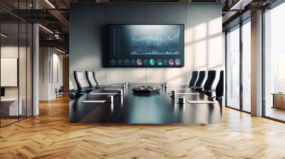 An Elegant and empty meeting boardroom with presentation. A conference table with a big TV screen, representing the idea of teamwork and collaboration in business. corporate business Generative AI  Wall mural