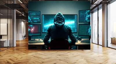 Back view of hacker sitting in front a computer screen with multiple windows open as multitasking and being able to handle multiple Global communication and hacking cybercrime concept. Generative AI  Wall mural