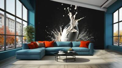 Exploding milk splash against Black Background in slow motion. Milky white liquid dripping splashing wave. Generative AI Wall mural