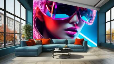 Fashion model wearing futuristic eyewear and garments, surrounded by vibrant neon lights, capturing the essence of edm and techno music culture in a stylish cover art concept Wall mural