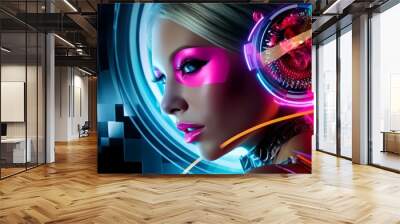 Futuristic female dj with neon makeup and cybernetic enhancements on vibrant cover art, embodying the cutting-edge fusion of edm and techno music with futuristic fashion aesthetics Wall mural