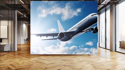 Airplane flying towards the sun in blue sky.  Aerial view of charter passenger jet, Travel and Tourism Concept Wall mural