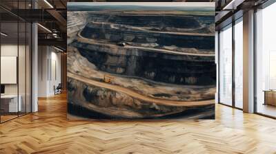 Coal Mine Aerial Panorama: Open Pit Mining, Extractive Industry, Coal Excavation, Heavy Machinery in Operation, Industrial Landscape, Resource Extraction, Mining Site from Above. generative ai Wall mural