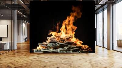 Dollar bills pile burning in close-up over black background, Burning money on fire, fiat Inflation concept Wall mural