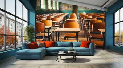 Empty Classroom. Back to school concept in high school. Classroom Interior Vintage Wooden Lecture Wooden Chairs and Desks. Studying lessons in secondary education. generative ai Wall mural