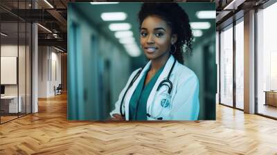 Female Doctor Portrait with Stethoscope in a Hospital. Whitecoat modern clinic worker, Confident woman, Medical student. Medicine health care concept. generative ai Wall mural