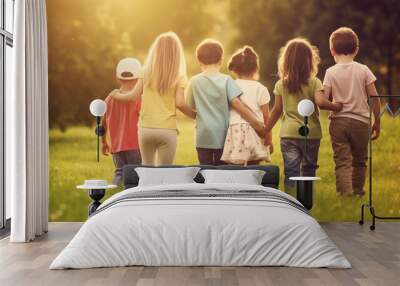 Happy kids playing outside and having fun together in summertime, a group of joyful friends walking in green park and hugging each other. Children and friendship concept Wall mural