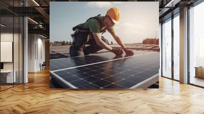 Solar power engineer installing solar panels, on the roof, electrical technician at work, alternative renewable green energy generation concept Wall mural