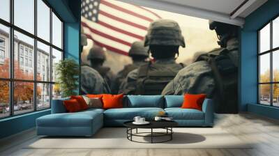 Soldiers in military uniform USA army against the American national flag, memorial day Patriotic Veterans  Wall mural