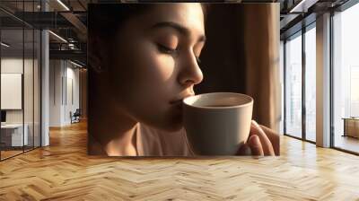 Woman holding a cup of coffee or tea. Enjoying smell, Drinking fresh hot morning beverage at home. Portrait of a beautiful young female. generative ai Wall mural