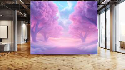 A beautiful pink forest with two trees on either side of a road Wall mural