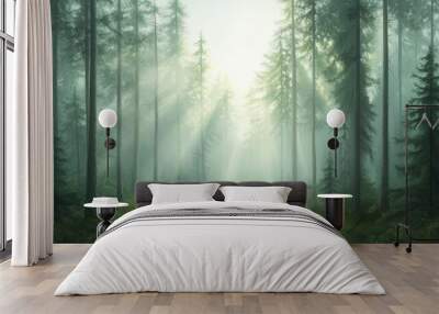 A forest with trees and sunlight shining through the trees Wall mural