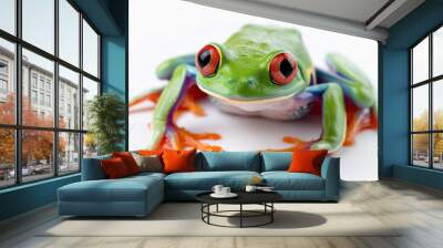 A green frog with red eyes is standing on a white background Wall mural