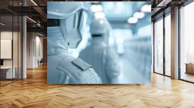 A group of people in white uniforms stand in a hallway Wall mural