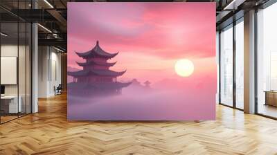 A pink and purple sky with a large sun in the background Wall mural