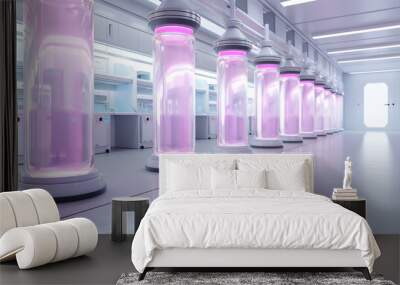 A row of pink tubes are lined up in a lab Wall mural