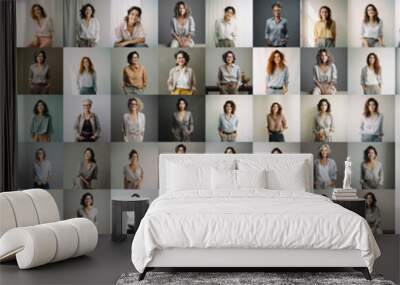 100 diverse happy women fashion portraits, a lot of different female faces collage. Multiethnic businesswomen, many stylish african, asian, indian and european ladies set montage mosaic network. Wall mural