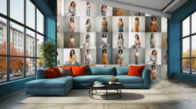 100 diverse happy women fashion portraits, a lot of different female faces collage. Multiethnic businesswomen, many stylish african, asian, indian and european ladies set montage mosaic network. Wall mural