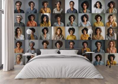 100 diverse happy women portraits, a lot of different people female faces collage. A hundred of smiling businesswomen, many african, asian and european ladies set montage mosaic beauty network. Wall mural