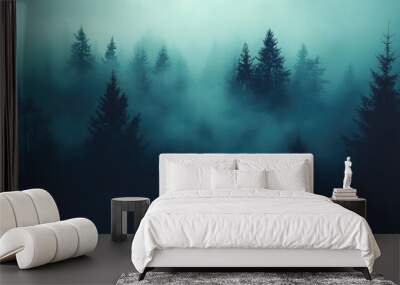 A forest with trees covered in mist Wall mural