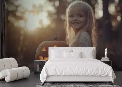 A little girl is holding a pumpkin with a smile on her face Wall mural