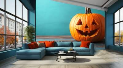 A pumpkin with a smiley face carved into it sits on a wooden table Wall mural