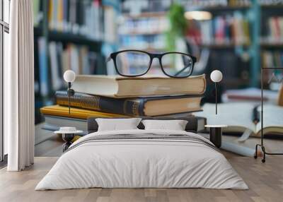 A stack of books with a pair of glasses on top Wall mural