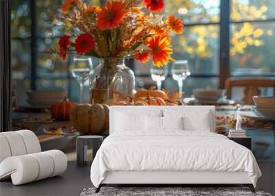 A table is set for a fall dinner with a vase of orange flowers Wall mural