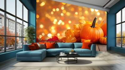 A table with two pumpkins and some leaves Wall mural