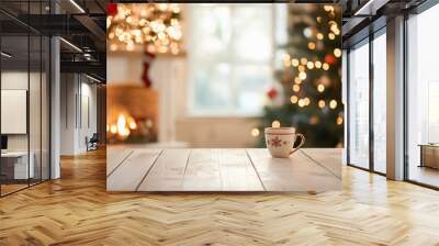 A white mug with a red design sits on a wooden table in front of a Christmas tree. The scene is cozy and festive, with the warm glow of the fireplace Wall mural